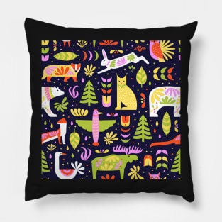 Brightly colored festive Canadian wildlife on a dark background Pillow