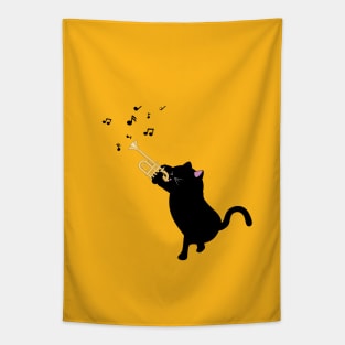 Black cat with trumpet Tapestry