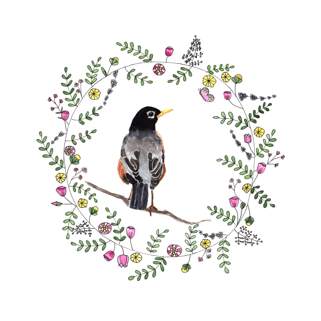 American Robin with whimsical flower wreath by Sandraartist