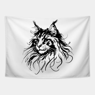 Stick figure of Maine Coon cat in black ink Tapestry