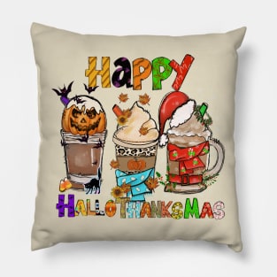 Happy HalloThanksMas Halloween Thanksgiving Christmas Design Pillow