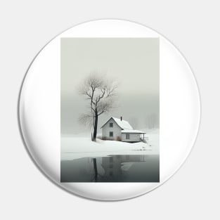 Scandi Winter Cottage with Tree Minimalist Art Print Pin