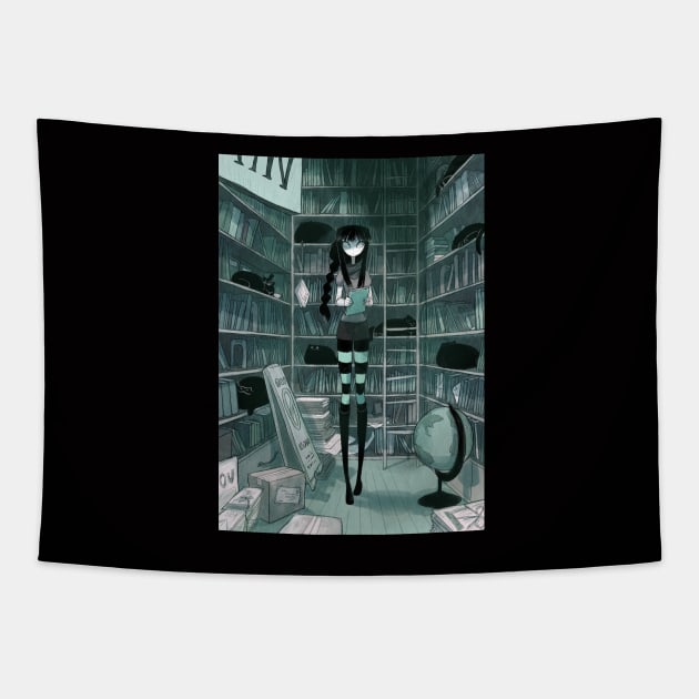 Black cat bookstore Tapestry by cottonvalent