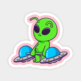 Cute Alien Lifting Ufo Barbell Cartoon Magnet