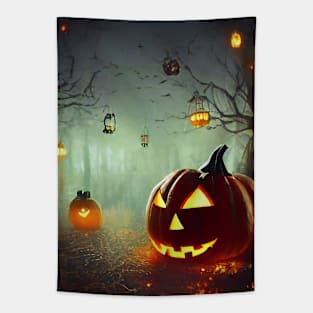 Scary pumpkin in the night foggy forest Tapestry