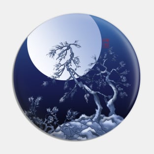 blue sumiE ink and watercolor japanese pine trees under a full moon Pin