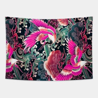 PINK FUCHSIA FLYING CRANES ,FLOWERS, SEA WAVES BLUE GREEN FLORAL Tapestry