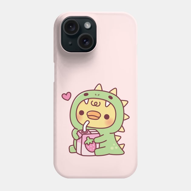 Duck In Cute Dinosaur Costume With Strawberry Milk Phone Case by rustydoodle