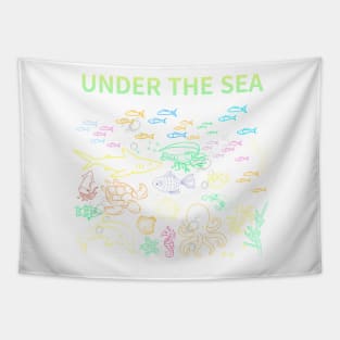 under the sea,blue sea,sea creatures,Turtle, puffer fish, starfish, shrimp, shark, tropical fish, sea horse, seaweed, sardines, squid, crabs, clams Tapestry