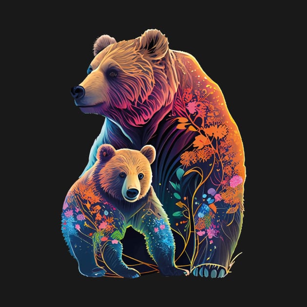 Nature's Love: Mother and Baby Bear with Floral Watercolor Design by ConnectingtoNature