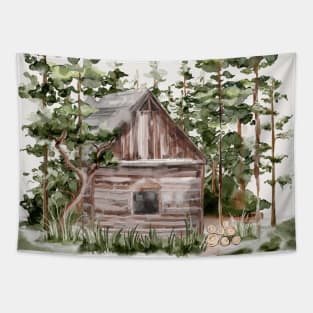 Watercolor Wood Cabin Tapestry