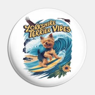 Aquatic Yorkshire Terrier Surfing the Wave Pin