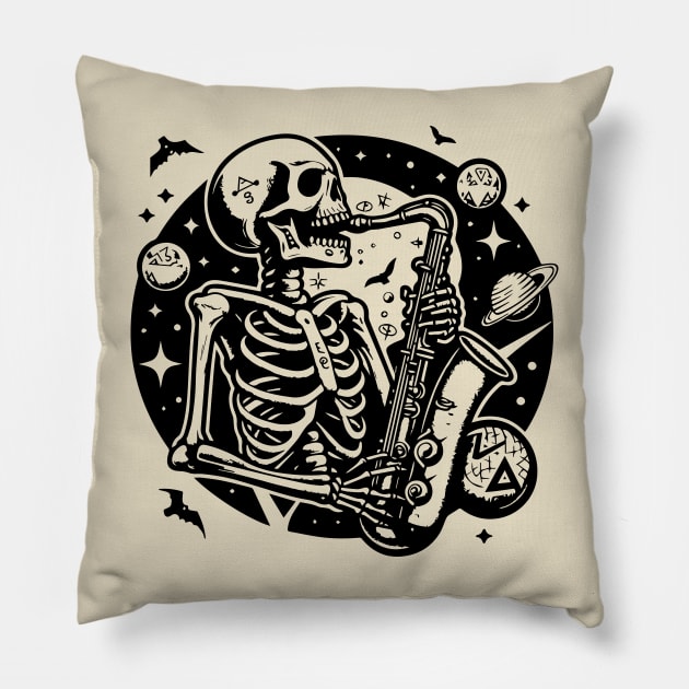 skeleton playing the saxophone Pillow by lkn