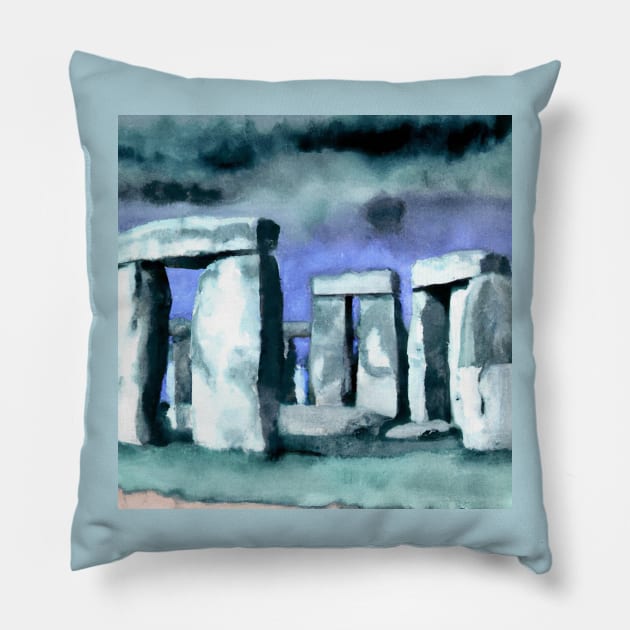 Watercolor Painting of Stonehenge Pillow by Star Scrunch