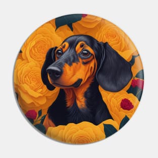 Dogs, dachshund and flowers, dog, style vector (yellow version dachshund) Pin