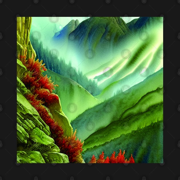 Digital Painting Of a Lush Wet Green Natural Mountains by Promen Art