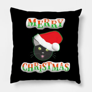 Merry Christmas Smiling Cat Wearing a Santa Claus Hat (Black Background) Pillow