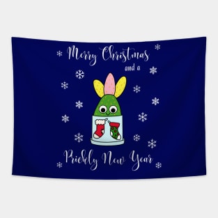 Merry Christmas And A Prickly New Year - Hybrid Cactus In Christmas Themed Pot Tapestry