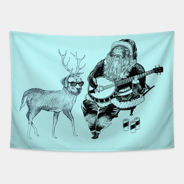 Christmas Bluegrass by Santa and his dog, Black drawing Tapestry by BullShirtCo