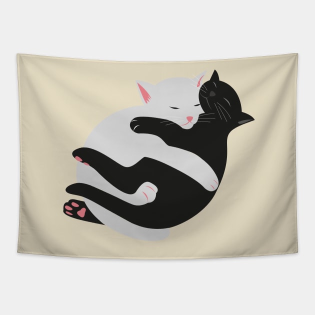 Cute minimal Black and White sleeping kitty cats Tapestry by laverdeden