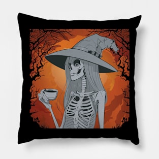 Skeleton Women Drinking coffee Pillow