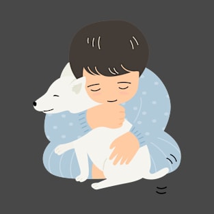 Adorable boy hugging lovely puppy cartoon kawaii style. T-Shirt