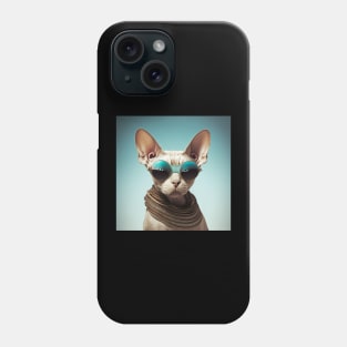 Concentrated sphinx cat with glasses looks at the camera on a blue background Phone Case