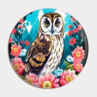 A Cute Short Eared Owl Surrounded by Bold Vibrant Spring Flowers Pin