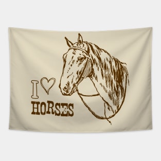 I Love Horses, Monochrome Horse Illustration with Text Tapestry