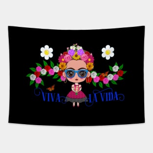 Frida Kahlo cartoon T-shirt - cute frida with blue sunglasses Tapestry