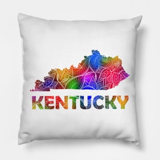 Colorful mandala art map of Kentucky with text in multicolor pattern Pillow