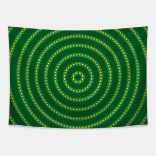 Round Bullseye Pattern no.3 Dark and Medium Green and Yellow with Red dotted lines Tapestry