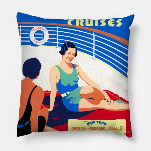Vintage Travel Poster Sun Tan West Indies Cruises Canada 1930 Pillow by vintagetreasure
