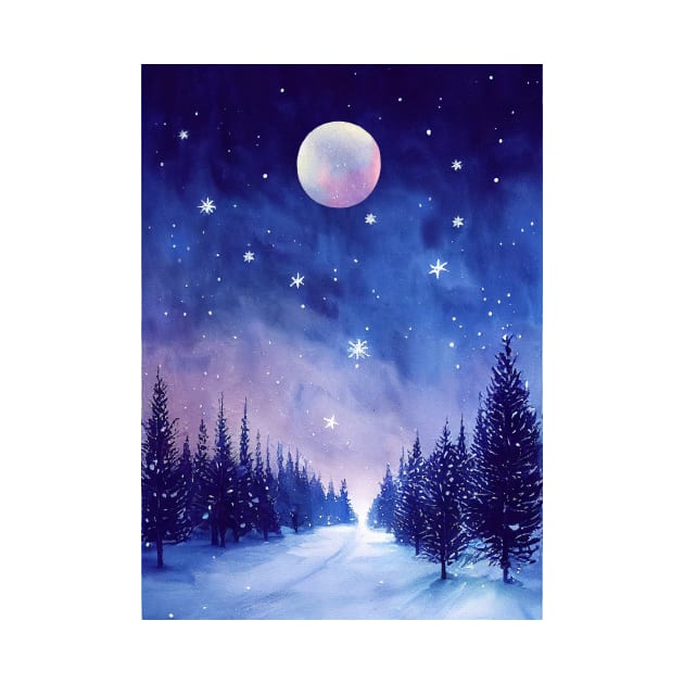 Winter landscape with pink moon - watercolor by redwitchart