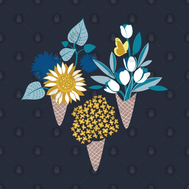 Midsummer I scream flower cones // print // blue teal and yellow flowers bouquets by SelmaCardoso