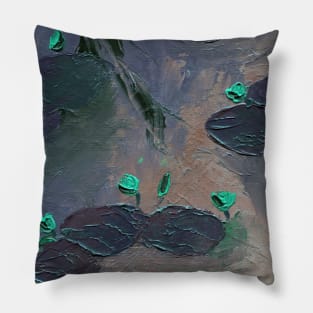 Pond with water lilies, oil impasto painting with volumetric strokes.  Autumn landscape. Best for backgrounds, covers, posters, wallpapers, fabric, textile, prints, wrapping paper. Pillow