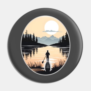 Solitary Paddleboarder in a Mountainous Sunset Scene Pin