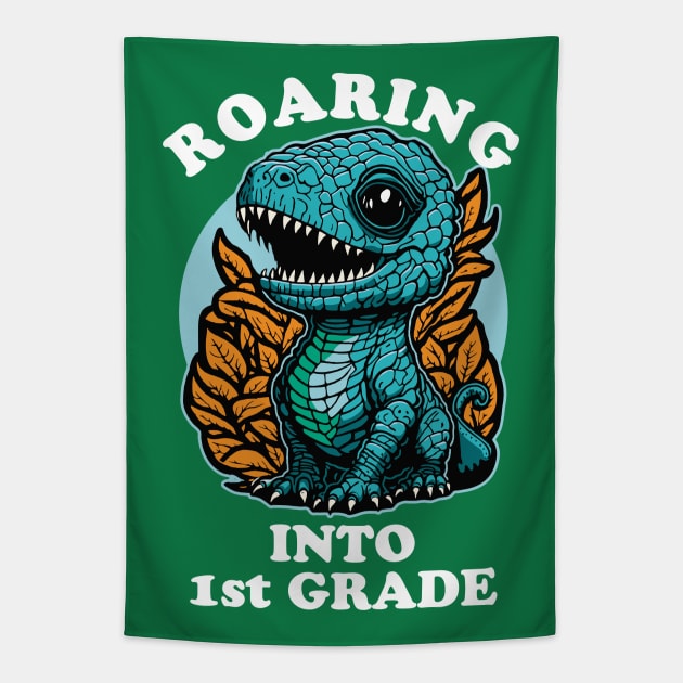 Cute Dinosaur Roaring Into 1st Grade Tapestry by TMBTM