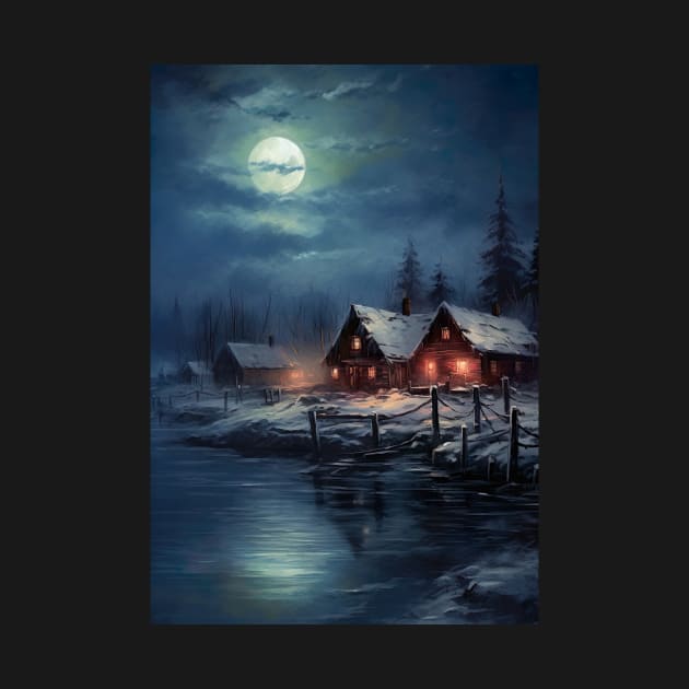 Beautiful Landscape of winter lake in mountain valley - cozy nights in blue skies by UmagineArts