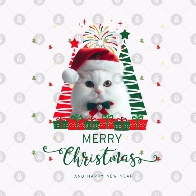 White cat in Santa hat with Christmas tree Merry Christmas and happy New Year,Brafdesign by Brafdesign