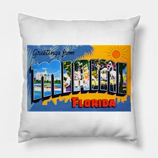 Greetings from Miami Florida - Vintage Large Letter Postcard Pillow