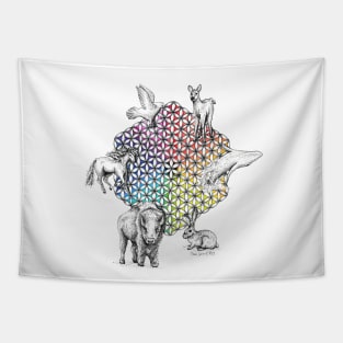 Flower of Life White Totem Animals Tapestry