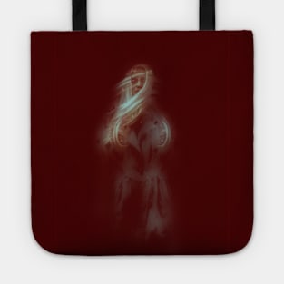 Strange beautiful woman with long bright hair. Step from darkness. Red, dark. Tote