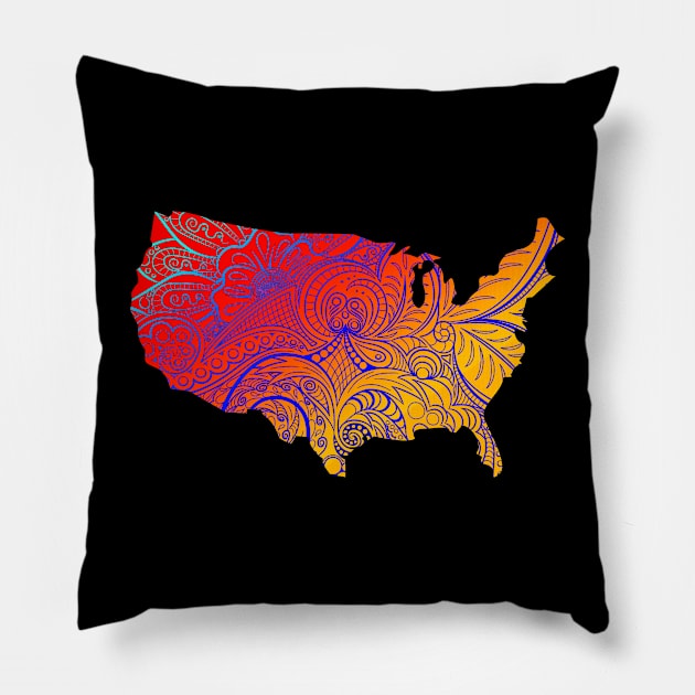 Colorful mandala art map of the United States of America in orange and red with blue Pillow by Happy Citizen