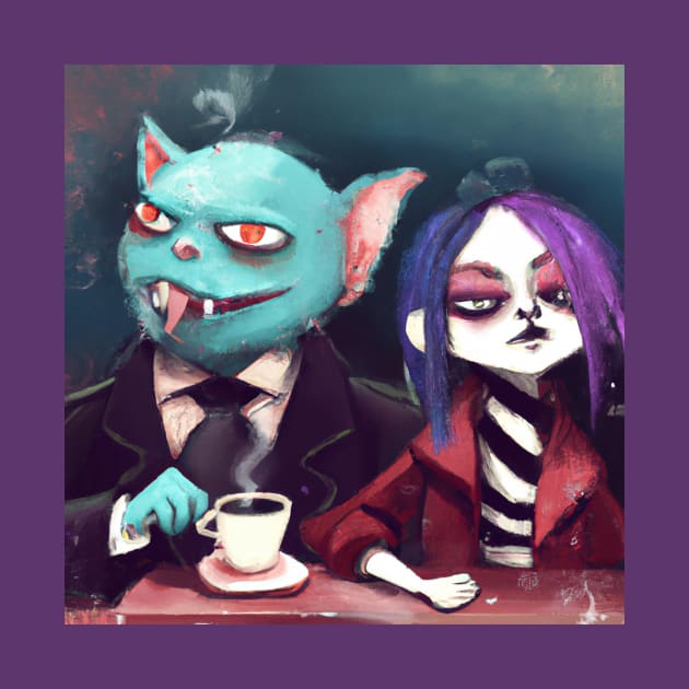 Sophisticated Blue Lizard Cat Drinks Coffee with His Edgy Girlfriend by Star Scrunch