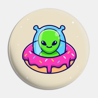 Cute Alien Riding Doughnut Ufo Cartoon Pin