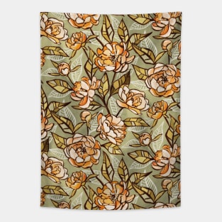 Chalk Pastel Peonies in Soft Apricot and Sage Green Tapestry