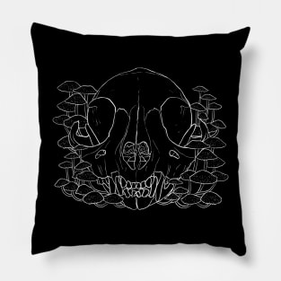 Cat Skull and Mushrooms White Outline Pillow