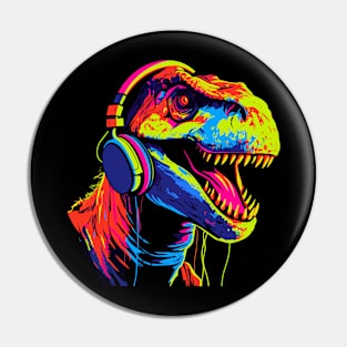 Funny Tyrannosaurus Rex With Head Phones Colorful Design Pin