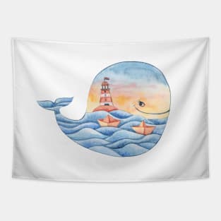 Watercolor cute whale illustration Tapestry